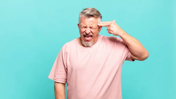 Old Senior Man Looking Unhappy Stressed Suicide Gesture Making Gun — Fotografia de Stock