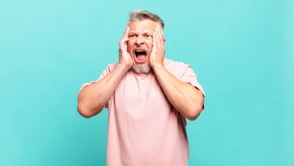 Old Senior Man Feeling Happy Excited Surprised Looking Side Both — Stok fotoğraf