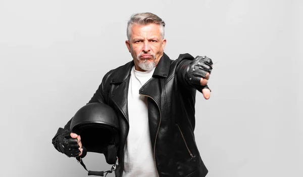 Senior Motorbike Rider Feeling Cross Angry Annoyed Disappointed Displeased Showing — Stock Photo, Image