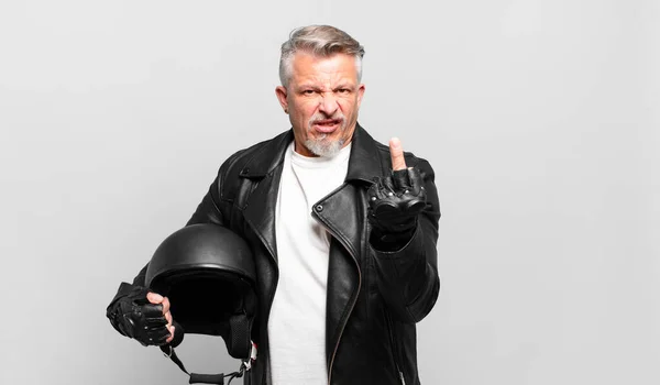 Senior Motorbike Rider Feeling Angry Annoyed Rebellious Aggressive Flipping Middle — Stock Photo, Image