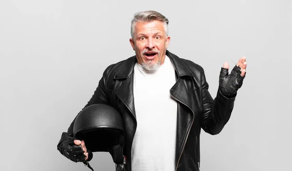 Senior Motorbike Rider Feeling Happy Surprised Cheerful Smiling Positive Attitude — Stock Photo, Image