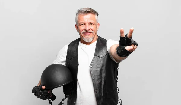 Senior Motorbike Rider Smiling Looking Happy Carefree Positive Gesturing Victory — Stock Photo, Image