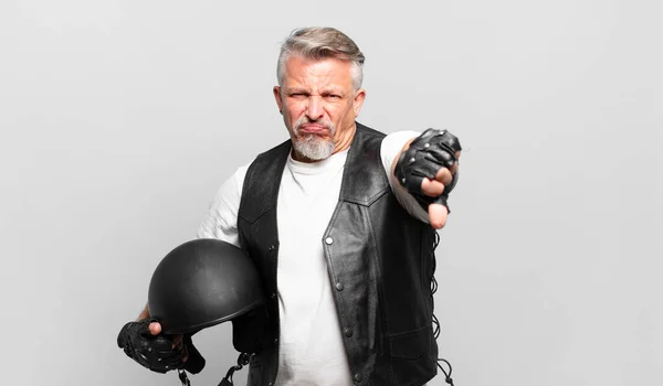 Senior Motorbike Rider Feeling Cross Angry Annoyed Disappointed Displeased Showing — Stock Photo, Image