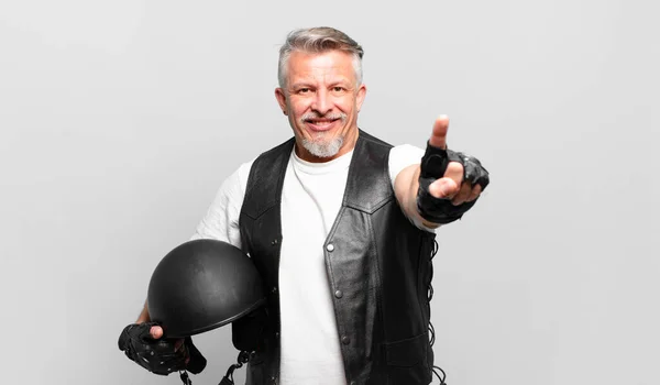 Senior Motorbike Rider Smiling Proudly Confidently Making Number One Pose — Stock Photo, Image