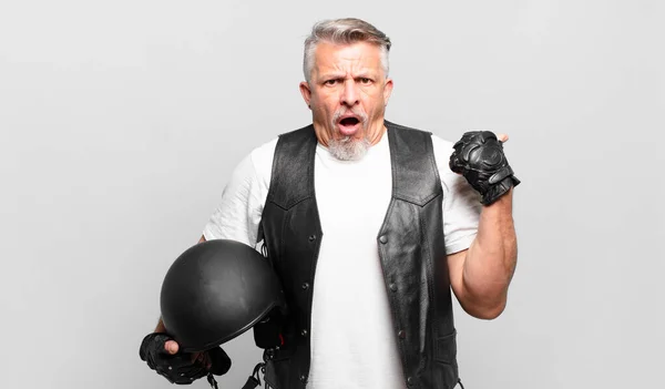 Senior Motorbike Rider Looking Astonished Disbelief Pointing Object Side Saying — Photo