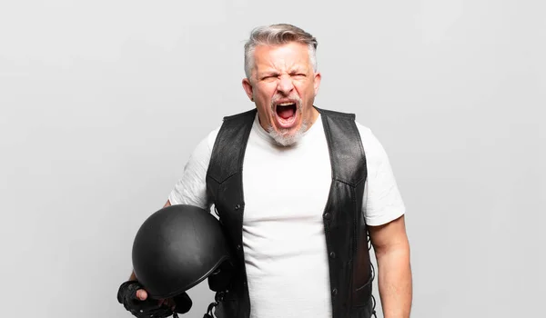Senior Motorbike Rider Shouting Aggressively Looking Very Angry Frustrated Outraged — Stock Photo, Image