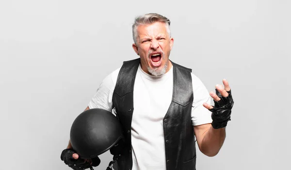 Senior Motorbike Rider Looking Angry Annoyed Frustrated Screaming Wtf Whats — Stock Photo, Image