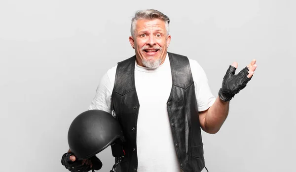 Senior Motorbike Rider Feeling Happy Surprised Cheerful Smiling Positive Attitude — Stock Photo, Image