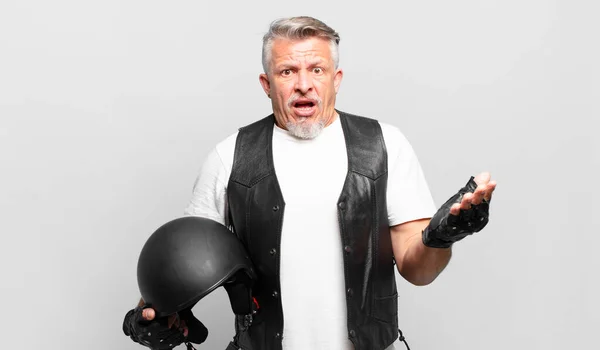 Senior Motorbike Rider Feeling Extremely Shocked Surprised Anxious Panicking Stressed — Stock Photo, Image