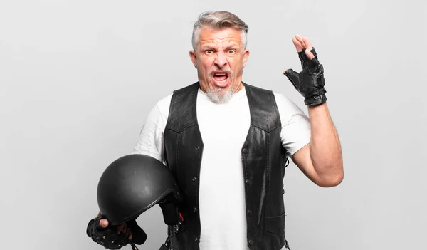 Senior Motorbike Rider Screaming Hands Air Feeling Furious Frustrated Stressed — Foto Stock