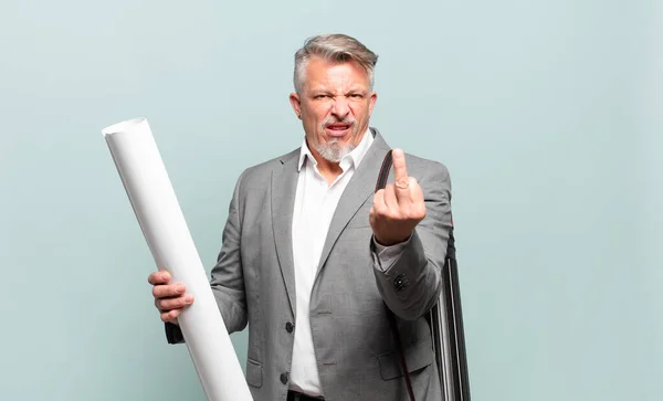 Senior Architect Feeling Angry Annoyed Rebellious Aggressive Flipping Middle Finger — Fotografia de Stock