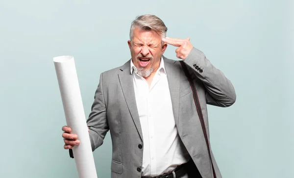 Senior Architect Looking Unhappy Stressed Suicide Gesture Making Gun Sign — Stock Photo, Image