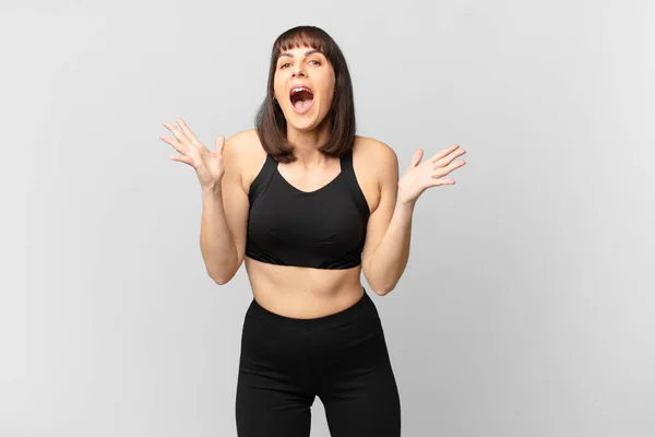 Athlete Woman Feeling Happy Excited Surprised Shocked Smiling Astonished Something — Stockfoto