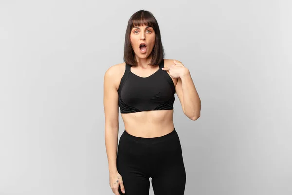 Athlete Woman Looking Shocked Surprised Mouth Wide Open Pointing Self — Stockfoto