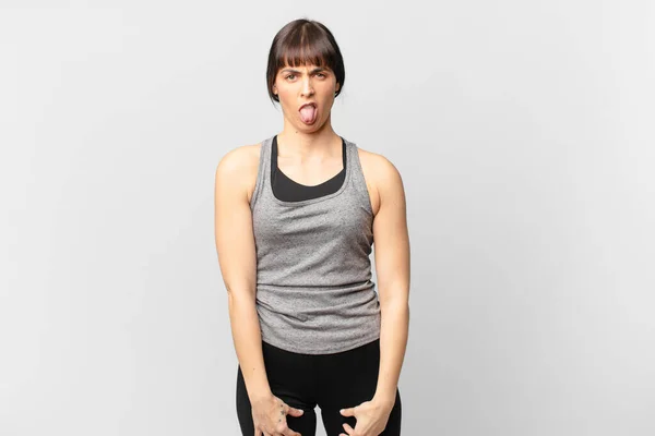Athlete Woman Feeling Disgusted Irritated Sticking Tongue Out Disliking Something — Stock Photo, Image