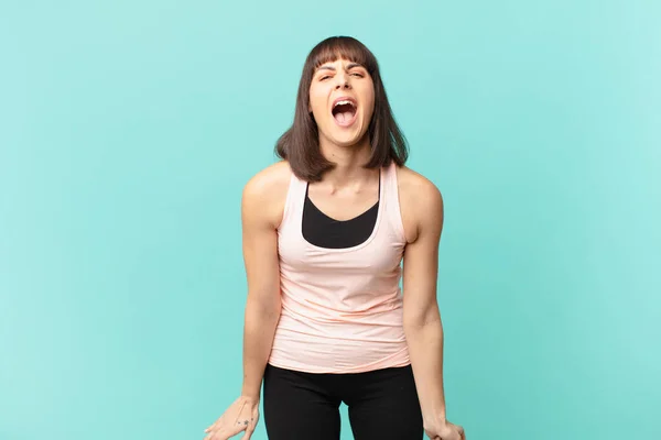 Athlete Woman Shouting Aggressively Looking Very Angry Frustrated Outraged Annoyed — Stock Photo, Image