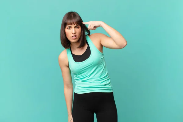 Athlete Woman Feeling Confused Puzzled Showing You Insane Crazy Out — Stock Photo, Image