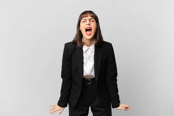 Young Businesswoman Shouting Aggressively Looking Very Angry Frustrated Outraged Annoyed — Stock Photo, Image