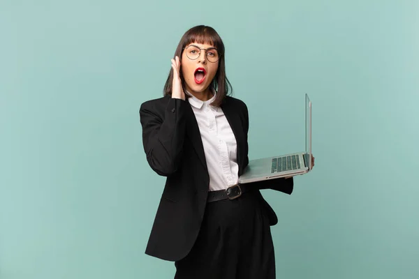 Businesswoman Feeling Happy Excited Surprised Looking Side Both Hands Face — Stock Photo, Image