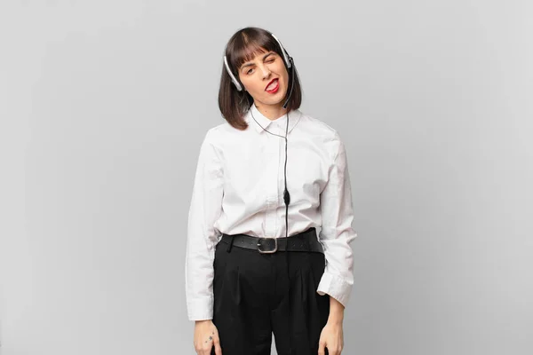 Telemarketer Woman Feeling Puzzled Confused Dumb Stunned Expression Looking Something — 스톡 사진