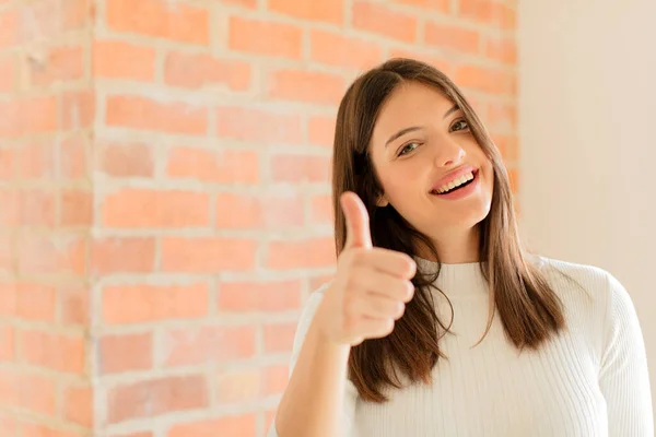 Young Woman Feeling Proud Carefree Confident Happy Smiling Positively Thumbs — Stock Photo, Image