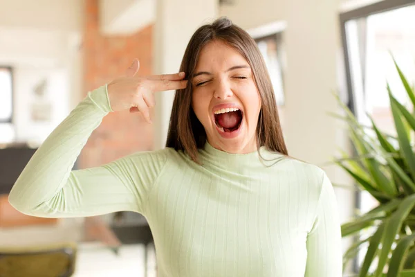 Pretty Woman Looking Unhappy Stressed Suicide Gesture Making Gun Sign — Stock Photo, Image