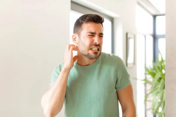 Handsome Man Feeling Stressed Frustrated Tired Rubbing Painful Neck Worried — Stock Photo, Image