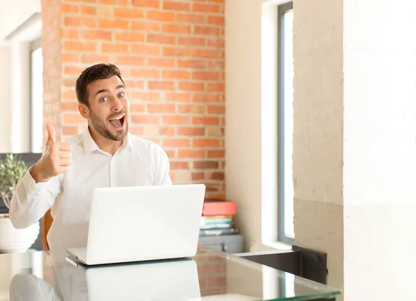 Handsome Businessman Feeling Proud Carefree Confident Happy Smiling Positively Thumbs — Stock Photo, Image