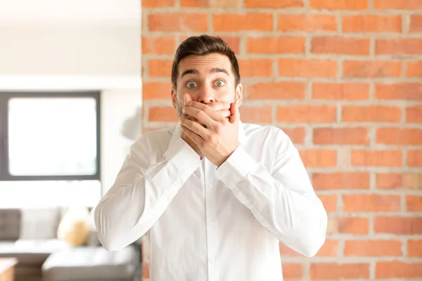Handsome Businessman Covering Mouth Hands Shocked Surprised Expression Keeping Secret — Stock Photo, Image