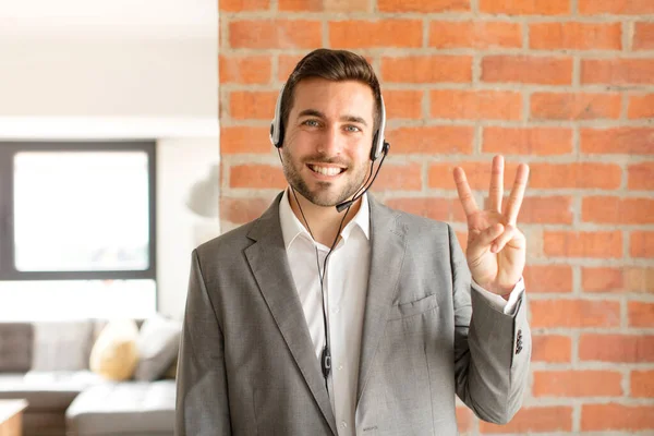 Handsome Telemarketer Smiling Looking Friendly Showing Number Three Third Hand — Stock Photo, Image