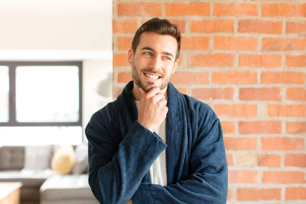 Handsome Man Smiling Happy Confident Expression Hand Chin Wondering Looking — Stock Photo, Image