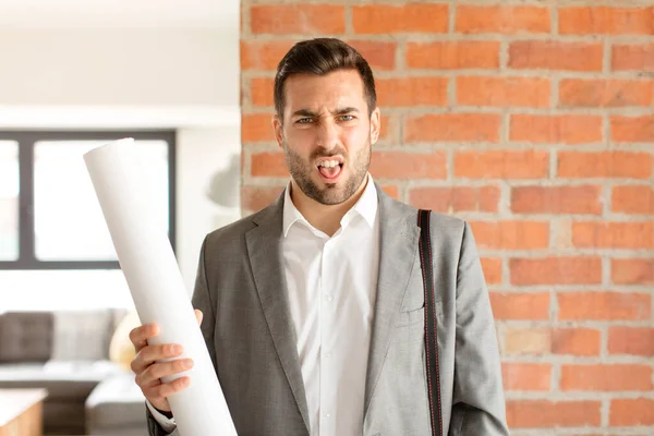 Handsome Architect Feeling Disgusted Irritated Sticking Tongue Out Disliking Something — Stock Photo, Image
