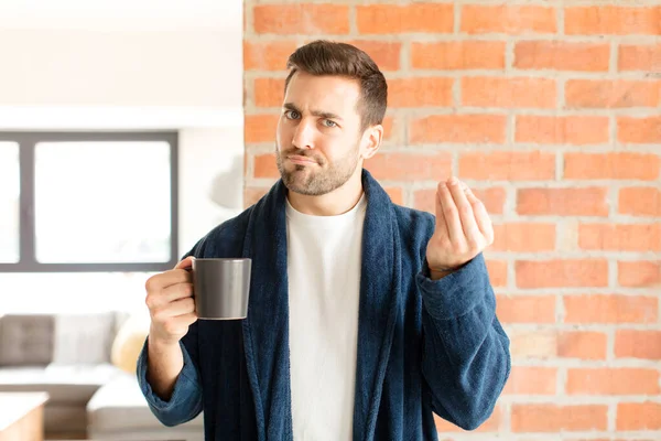 Homem Bonito Fazendo Capice Gesto Dinheiro Dizendo Lhe Para Pagar — Fotografia de Stock