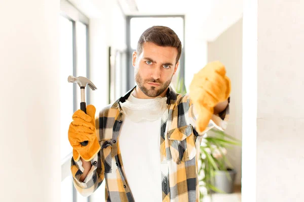 Handyman Feeling Cross Angry Annoyed Disappointed Displeased Showing Thumbs Serious — Stock Photo, Image