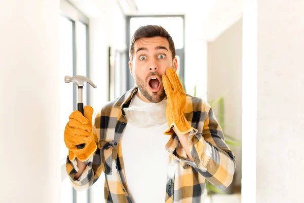 Handyman Feeling Shocked Scared Looking Terrified Open Mouth Hands Cheeks — Stock Photo, Image