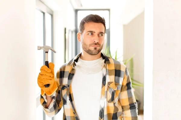 Handyman Feeling Sad Upset Angry Looking Side Negative Attitude Frowning — Stock Photo, Image