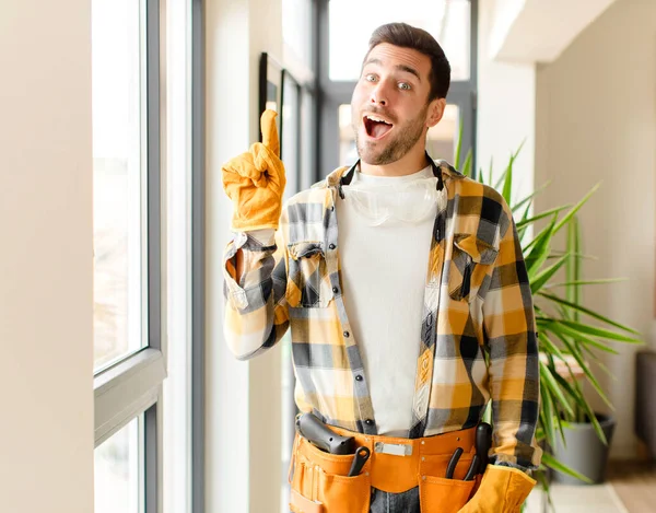 Handyman Feeling Happy Excited Genius Realizing Idea Cheerfully Raising Finger — Stock Photo, Image