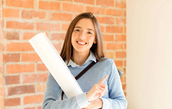 Pretty Architect Smiling Cheerfully Feeling Happy Pointing Side Upwards Showing — Stock Photo, Image