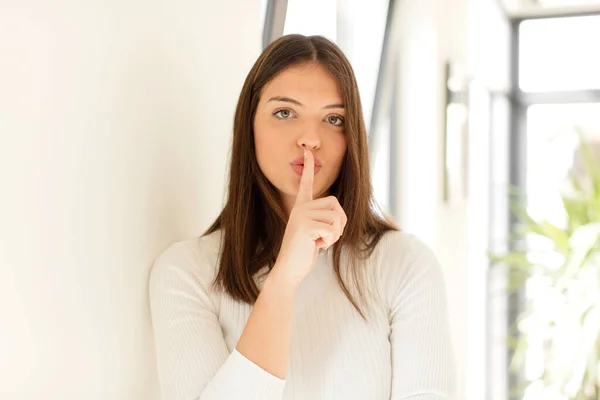 Pretty Woman Looking Serious Cross Finger Pressed Lips Demanding Silence — Stock Photo, Image