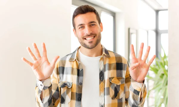 Handsome Man Smiling Looking Friendly Showing Number Nine Ninth Hand — Stock Photo, Image