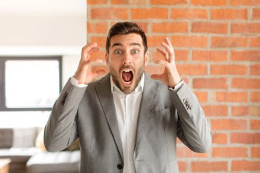 Yakışıklı iş adamı elleri havada bağırıyor. Öfkeli, sinirli, stresli ve üzgün.