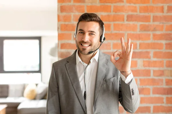 Handsome Telemarketer Feeling Happy Relaxed Satisfied Showing Approval Okay Gesture — Stock Photo, Image