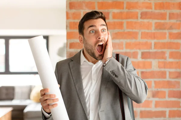 Handsome Architect Feeling Happy Excited Surprised Looking Side Both Hands — Stock Photo, Image