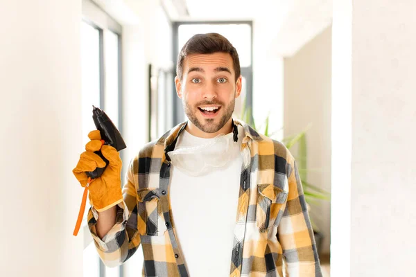Handyman Looking Happy Pleasantly Surprised Excited Fascinated Shocked Expression — Stock Photo, Image