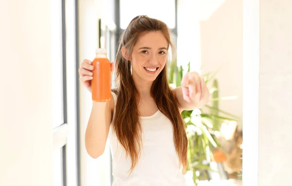 Pretty Woman Pointing Camera Satisfied Confident Friendly Smile Choosing You — Stock Photo, Image