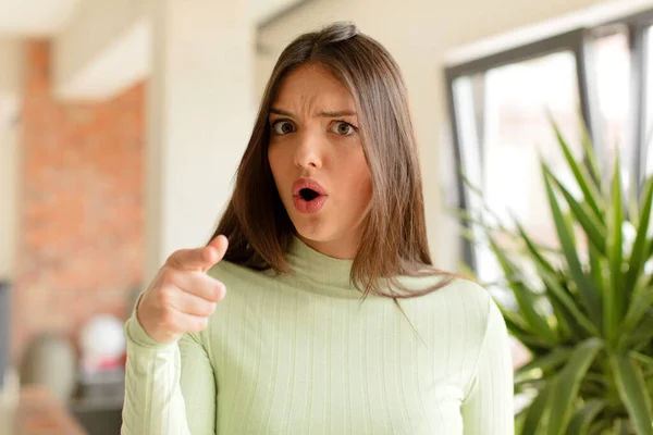 Pretty Woman Pointing Camera Angry Aggressive Expression Looking Furious Crazy — Stock Photo, Image