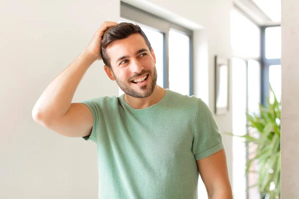 Handsome Man Smiling Cheerfully Casually Taking Hand Head Positive Happy — Stock Photo, Image