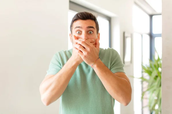 Handsome Man Covering Mouth Hands Shocked Surprised Expression Keeping Secret — Stock Photo, Image
