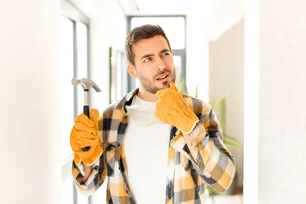Handyman Smiling Happy Confident Expression Hand Chin Wondering Looking Side — Stock Photo, Image