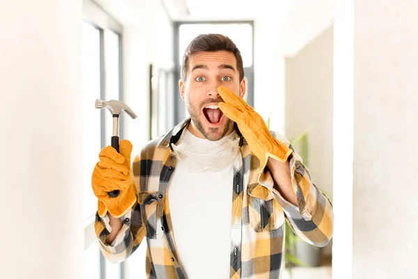 Handyman Feeling Happy Excited Positive Giving Big Shout Out Hands — Stock Photo, Image